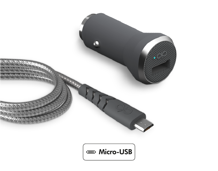 Chargeur voiture rapide et intelligent 2.4A + Câble renforcé USB A/micro USB 1,2 m Gris Force Power