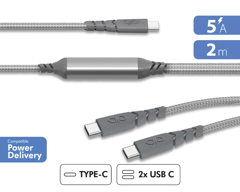Câble Duo Ultra-renforcé USB C/USB C + USB C 2m 100W Gris - Garanti à vie Force Power