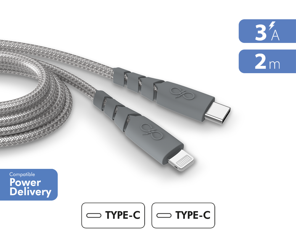 Câble Ultra-Renforcé USB C / Lightning 3A 2m PD 60W Gris + Garantie à vie