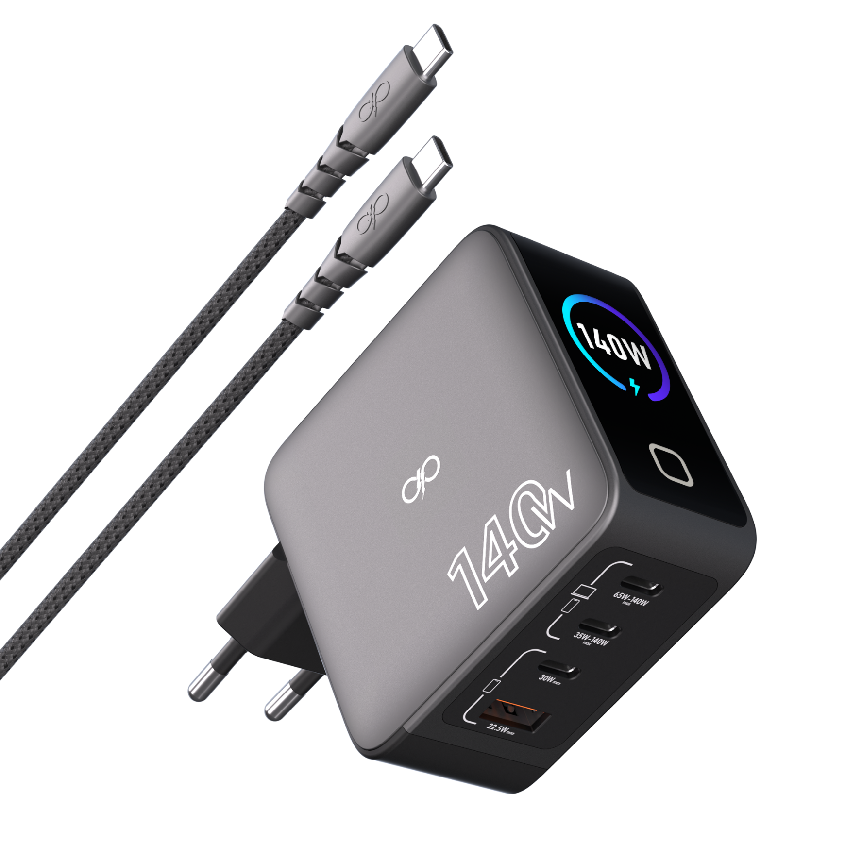 Kit Chargeur USB A + 3 USB C 140W avec écran TFT + Câble Ultra-Renforcé USB C / USB C 2m Gris + Garantie à vie