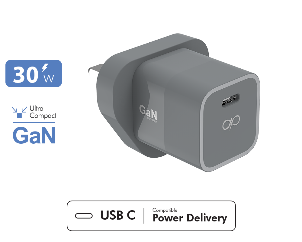 Chargeur USB C Prise UK 30W Power Delivery GaN Gris + Garantie à vie