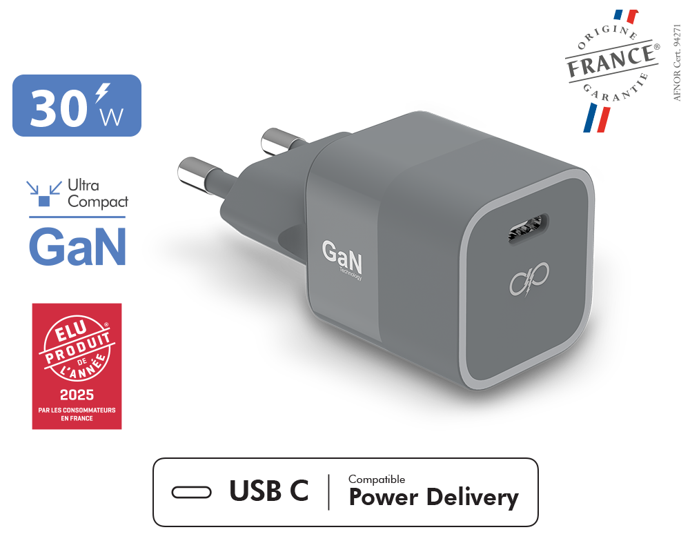 Chargeur maison 30W Power Delivery GaN Garanti à vie Gris - Fabriqué en France Force Power