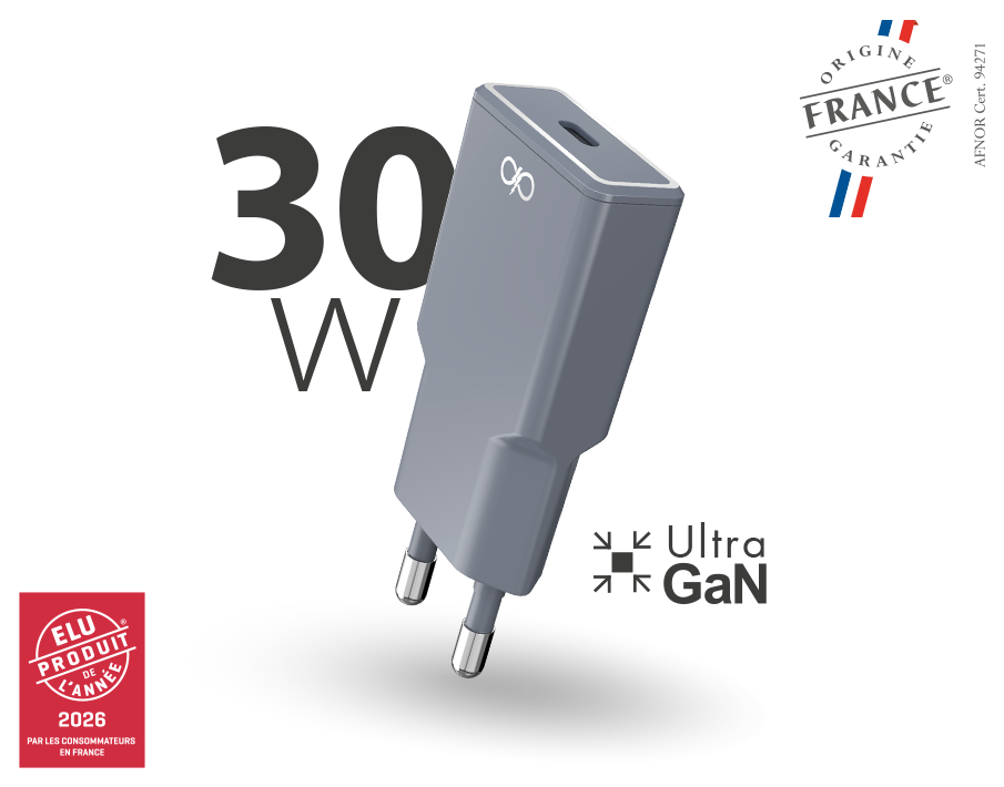 Chargeur USB A + USB C Pocket 30W Power Delivery Ultra GaN Gris + Garantie à vie - Made in France