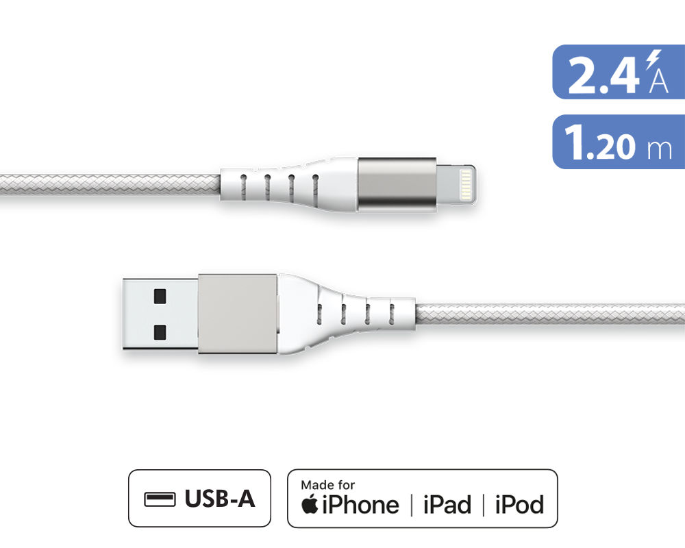Câble Renforcé USB A/Lightning 1,2m 2.4A Garanti à vie Blanc - 100% Plastique recyclé Force Power Lite
