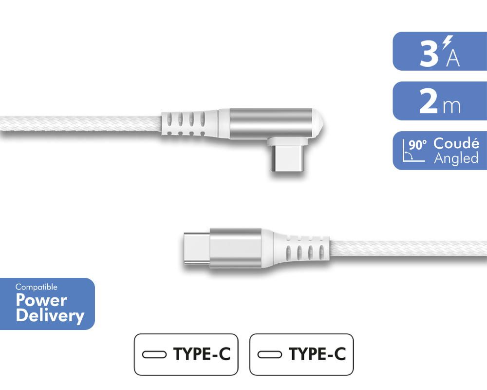 Câble Coudé Renforcé USB C/USB C 2m 60W Blanc - Garanti à vie Force Power Lite