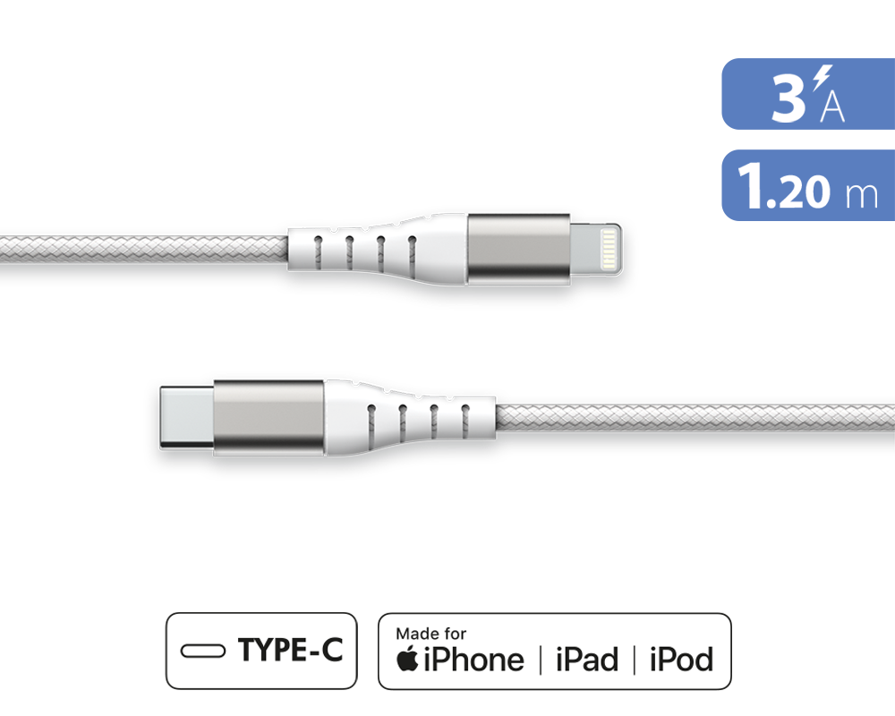 Câble Renforcé USB C/Lightning 1,2m 3A Garanti à vie Blanc - 100% Plastique recyclé Force Power Lite