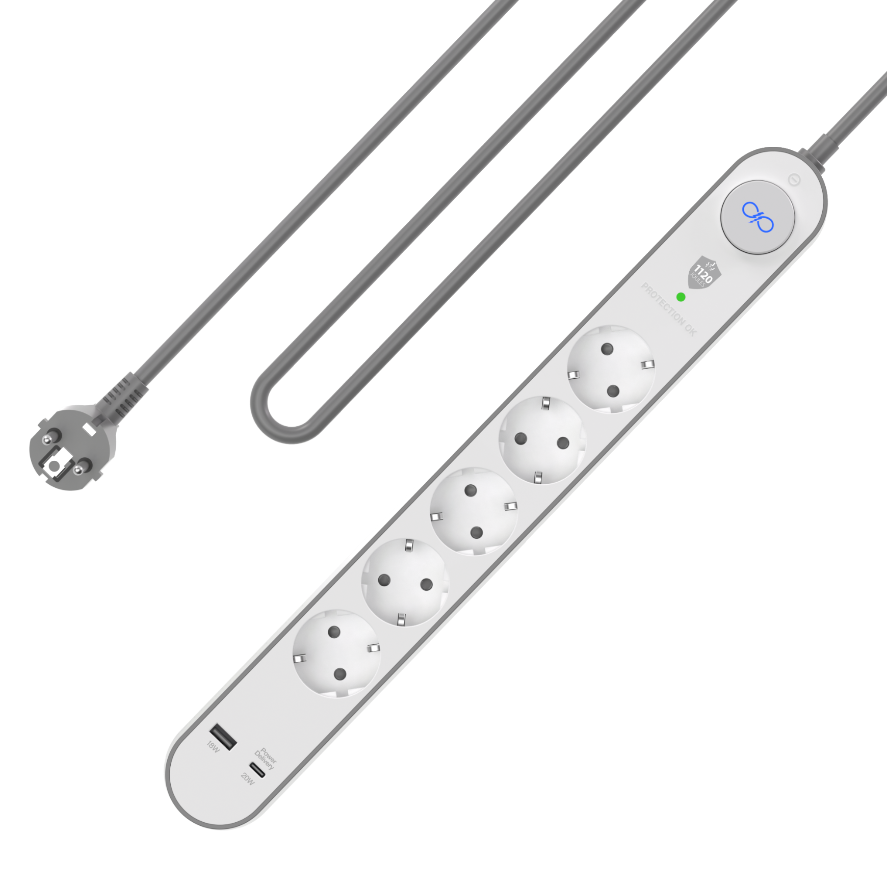 Parafoudre 5 prises GSchuko Type F 1120J + 2 ports USB A+C PD 1.5m Grise et Blanche + Garantie à vie