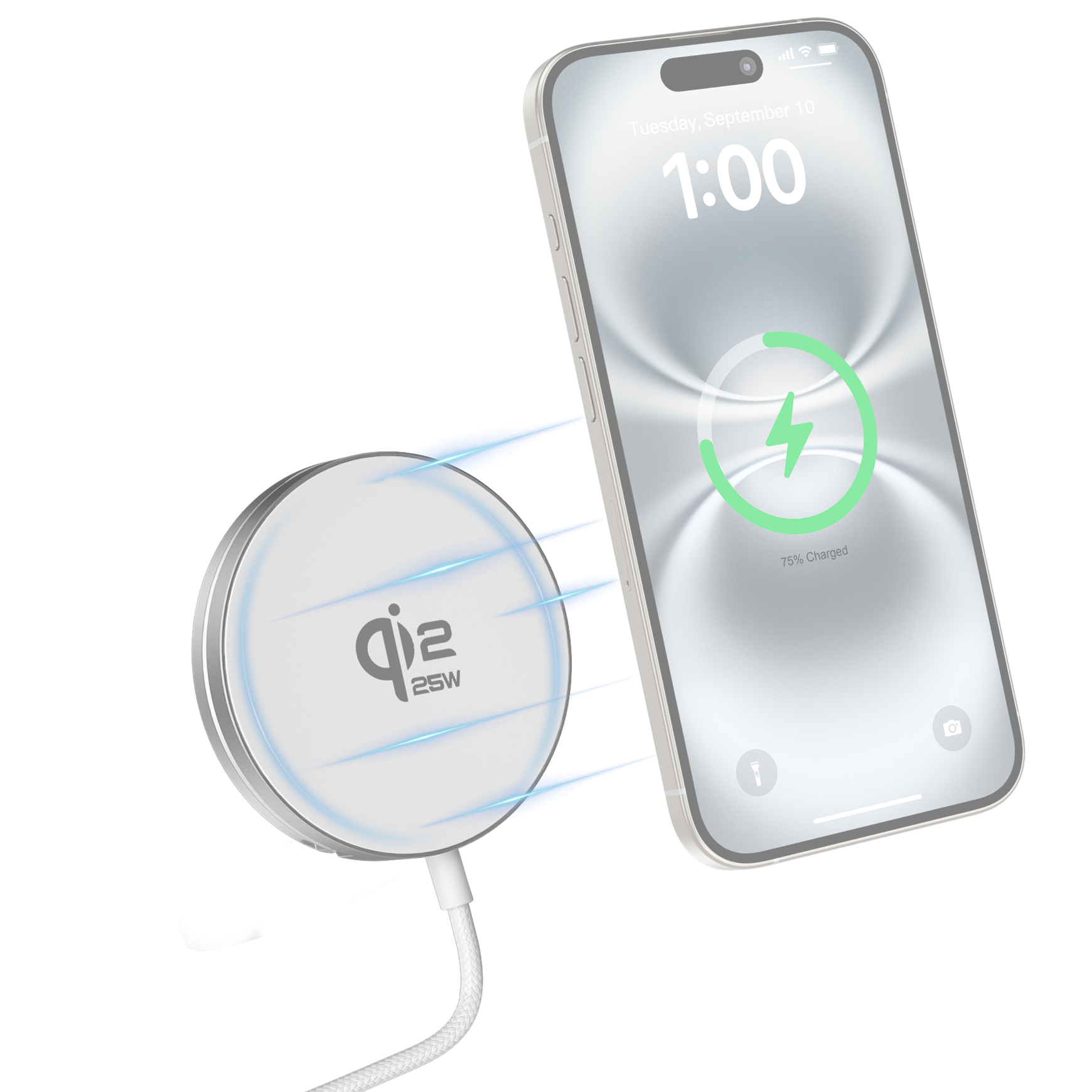 Chargeur sans fil Magnétique 25W Qi2.2 Stand retractable + Chargeur USB C 30W PD Blanc et Argent + Garantie à vie