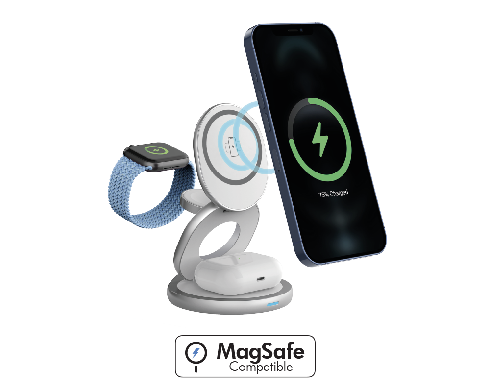 Chargeur à induction MagSafe 15W sans chargeur 3en1 Pliable - Blanc - Garanti à vie - Force Power