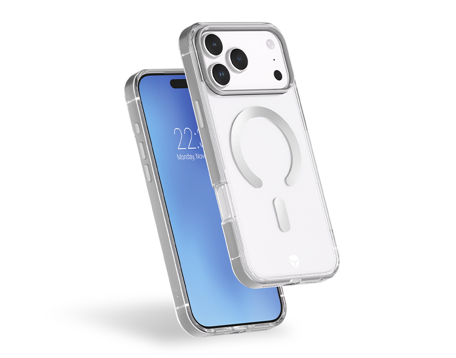 Coque renforcée MagSafe iPhone 17 Pro Max METAL 2m Transparente Contour Métal Gris + Garantie à vie