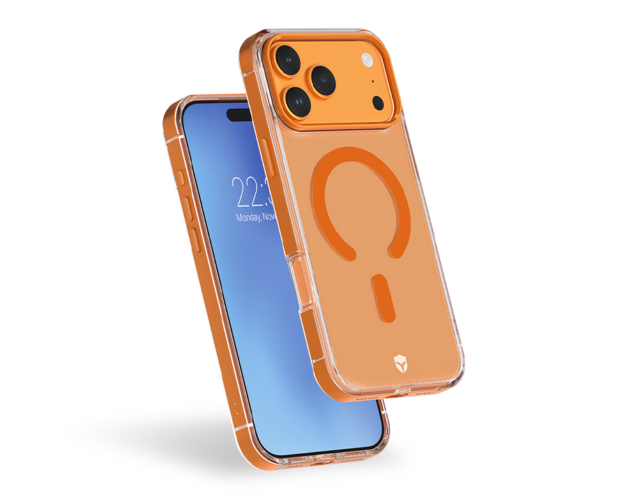 Coque renforcée MagSafe iPhone 17 Pro METAL 2m Transparente Contour Métal Orange + Garantie à vie